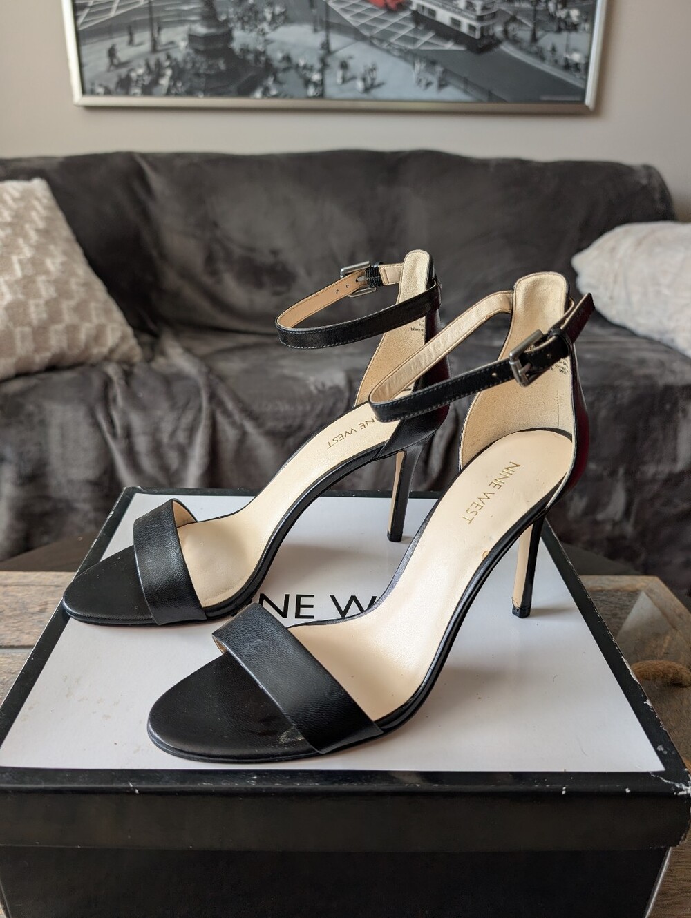 Nine West Black Leather Ankle-Strap Stiletto Heels